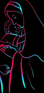 Neon outline of mother embracing child on black background.