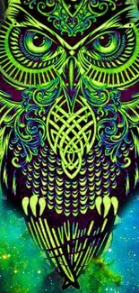 Neon green owl art with galaxy background.