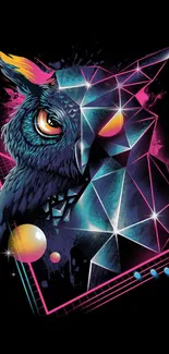 Neon owl with geometric shapes on a dark background.