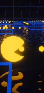 Neon Pac-Man navigating a retro maze with bright yellow and blue colors.