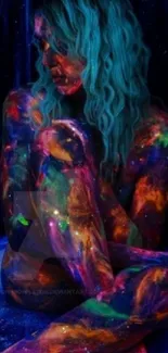 Neon body paint art on dark background wallpaper.