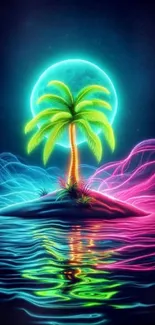 Neon palm tree on glowing island beach under vibrant night sky.