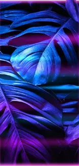 Neon-lit palm leaves in blue and purple hues.