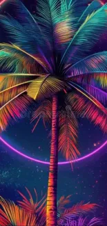 Vibrant neon palm tree with colorful leaves and a glowing halo.