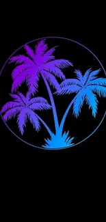 Vibrant neon palm trees on a black background.