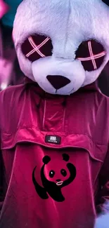 Neon panda wearing a burgundy hoodie with glowing eyes.