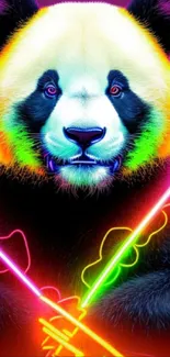 Colorful neon panda with glowing light sabers, vibrant mobile wallpaper design.