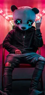 Neon panda character in an urban setting with vibrant pink and blue hues.