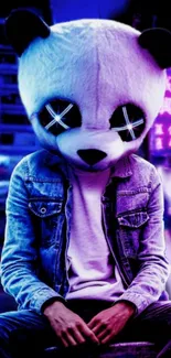 Neon-clad panda in cityscape wallpaper with vivid purple hues.