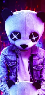 Panda figure in neon urban setting with vibrant, colorful lights.