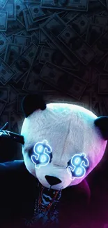 Neon panda with dollar sign eyes against a dark money-themed background.