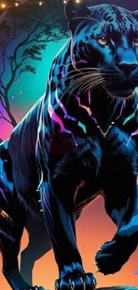 Neon panther against cosmic background, vibrant and bold art wallpaper.