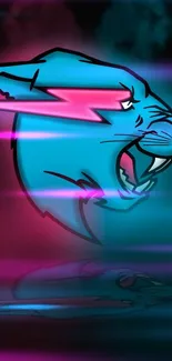 Neon panther with pink and cyan tones in digital art wallpaper.