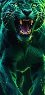 Fierce neon green panther roaring intensely.