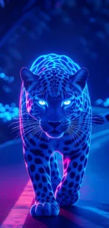 Neon panther walking in dark jungle, illuminated hues.