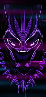 Neon panther mask with purple accents on a black background.