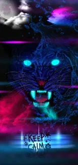 Neon panther with glowing eyes and cosmic elements wallpaper.