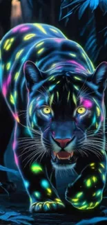 Neon panther with vibrant patterns in a dark jungle setting.