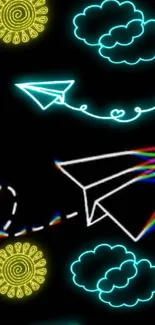 Neon paper planes and clouds design on a black background wallpaper.