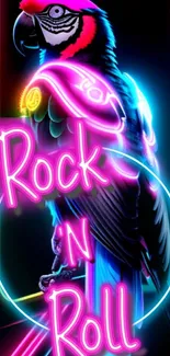 Neon parrot with rock 'n roll theme in vibrant colors.