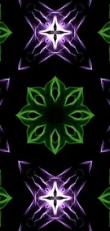 Neon green and purple kaleidoscope design on black background.