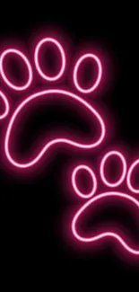 Neon pink paw prints on black background.