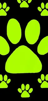 Neon green paw print pattern on black background.