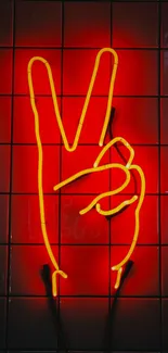 Red neon peace sign on tiled wall wallpaper.