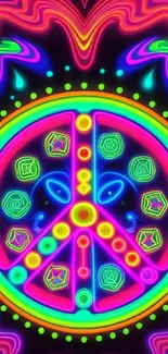 Neon peace symbol with psychedelic design and vibrant colors.