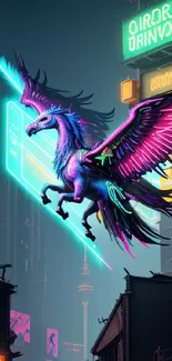 Neon pegasus flies in a cyberpunk cityscape with glowing lights.