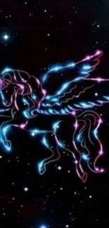 Neon Pegasus glowing in a starry sky mobile wallpaper.