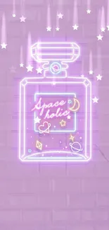 Neon perfume bottle wallpaper with space theme on a light purple background.