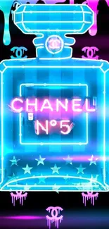 Neon blue Chanel perfume bottle mobile wallpaper with vibrant colors.