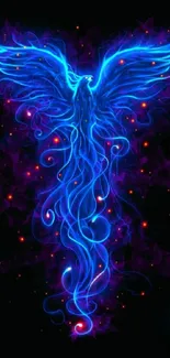 Neon phoenix with blue flames on a dark background.