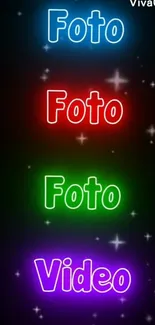 Neon text wallpaper with 'Foto' and 'Video' on a cosmic background.