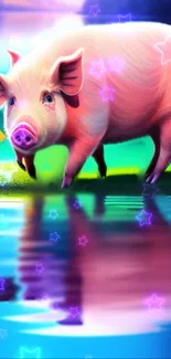 Vibrant neon pig with reflection and colorful stars wallpaper.