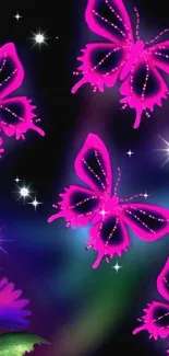 Bright neon pink butterflies on dark background wallpaper.