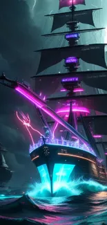 Neon-lit pirate ship sailing through stormy seas with lightning.