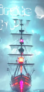 Neon pirate ship sailing under a stormy sky, creating a mystical and vibrant scene.