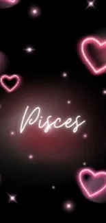 Pisces neon heart wallpaper with glowing pink hearts on a dark background.