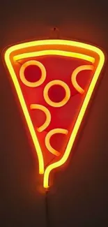 Neon pizza slice glowing against a dark background.