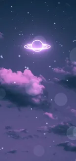 Neon planet amid purple night sky with clouds and stars.