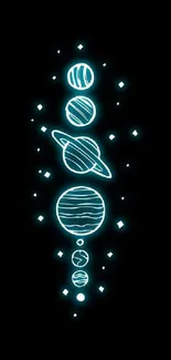 Neon planets aligned on black background, glowing mobile wallpaper.