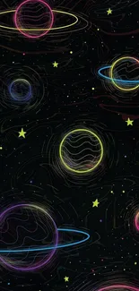 Neon planets with rings and stars on a dark cosmic background.