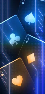 Neon playing cards wallpaper with glowing aces in dark theme.