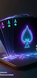 Neon poker cards glowing in the dark.
