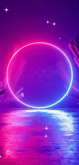 Vibrant neon portal in a futuristic abstract setting.