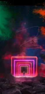 Neon portal in a cosmic landscape wallpaper for mobile.