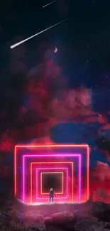 Colorful neon portal under starry sky with cosmic backdrop and mystical ambiance.