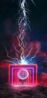 Futuristic neon portal with lightning on a cosmic background.